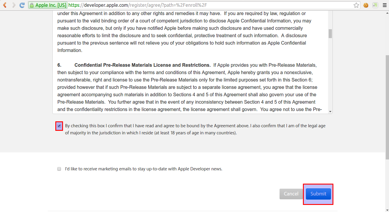 Verificar a checkbox no fim da tela e apertar 'submit'.