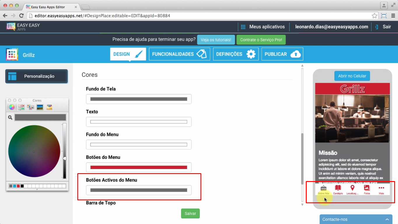 Alterar a Cor do Botão Ativo do Menu