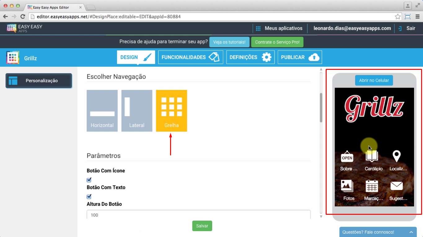 Navegação com menu Grelha