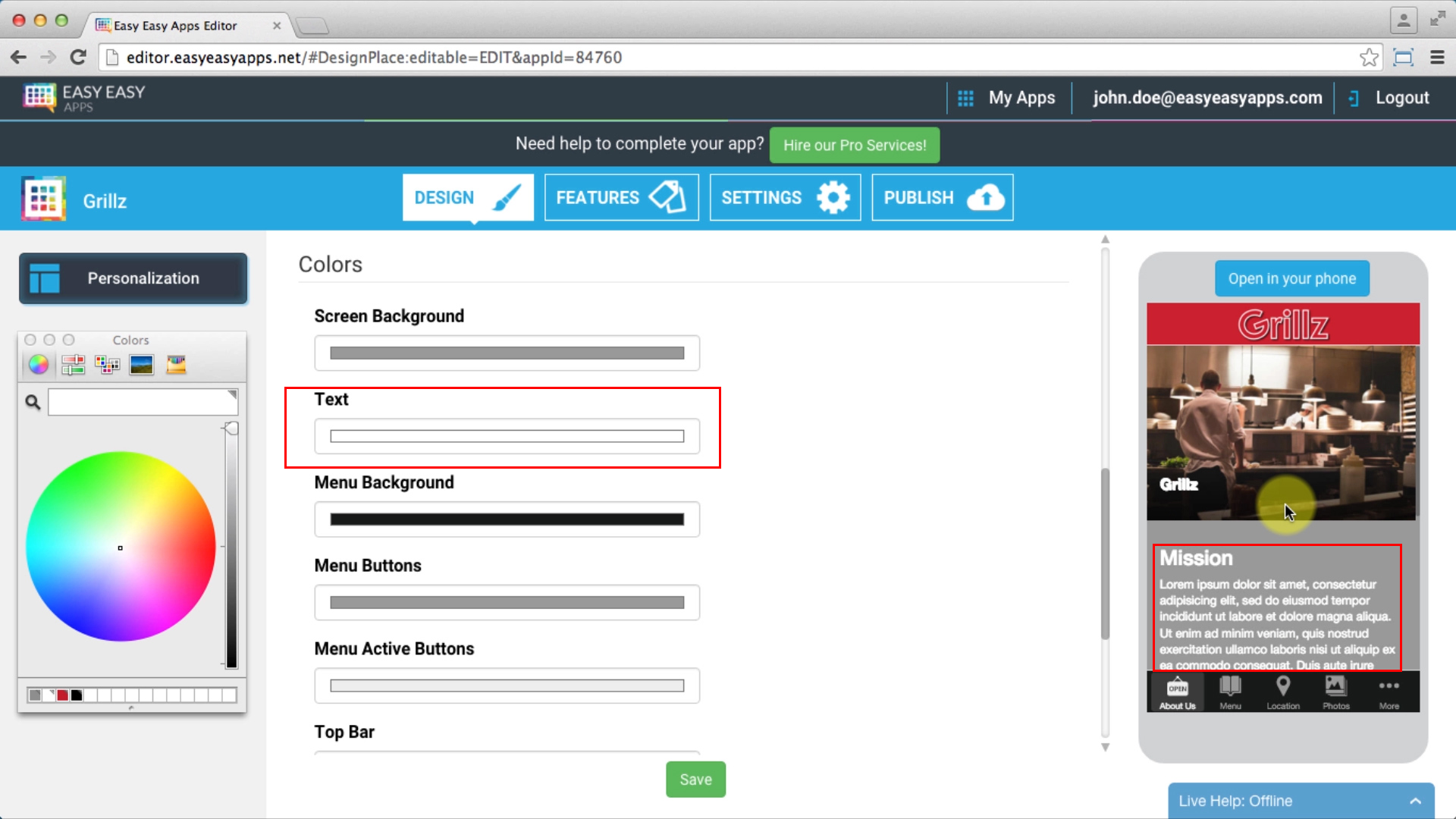 The text color affects the text and headings in all screens. However, this color doesn’t affect the text inside the screen panels
