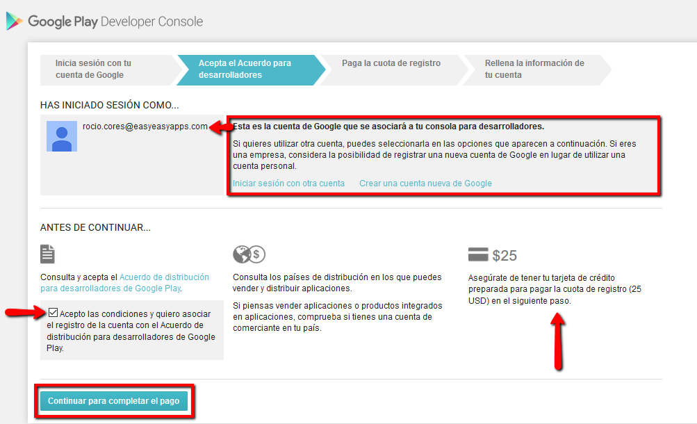 Acepte el contrato de Distribución de Desarrolladores de Google Play