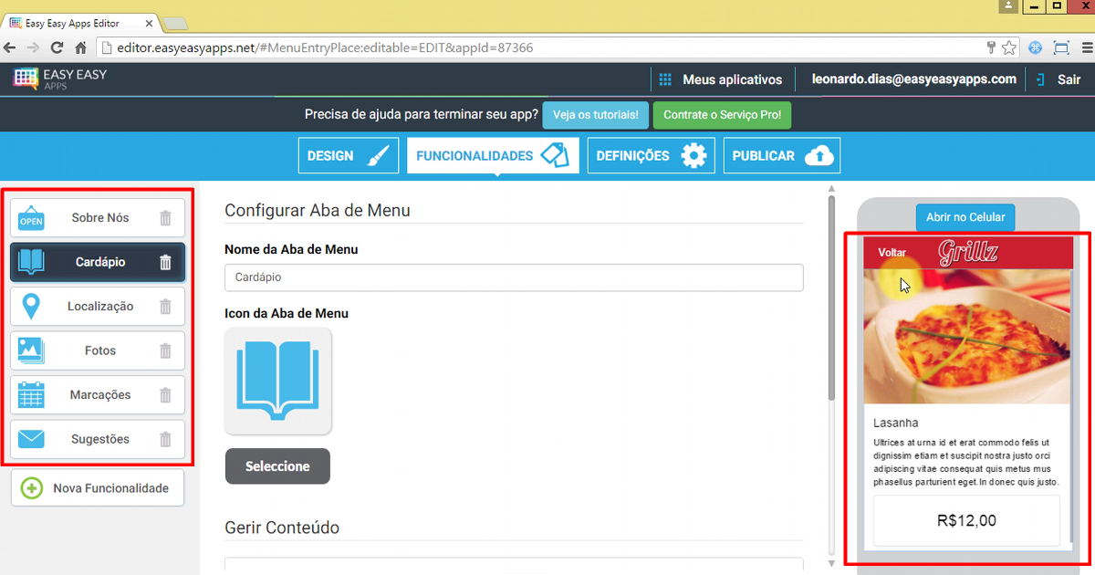 no celular virtual você pode ver e interagir com a funcionalidade selecionada