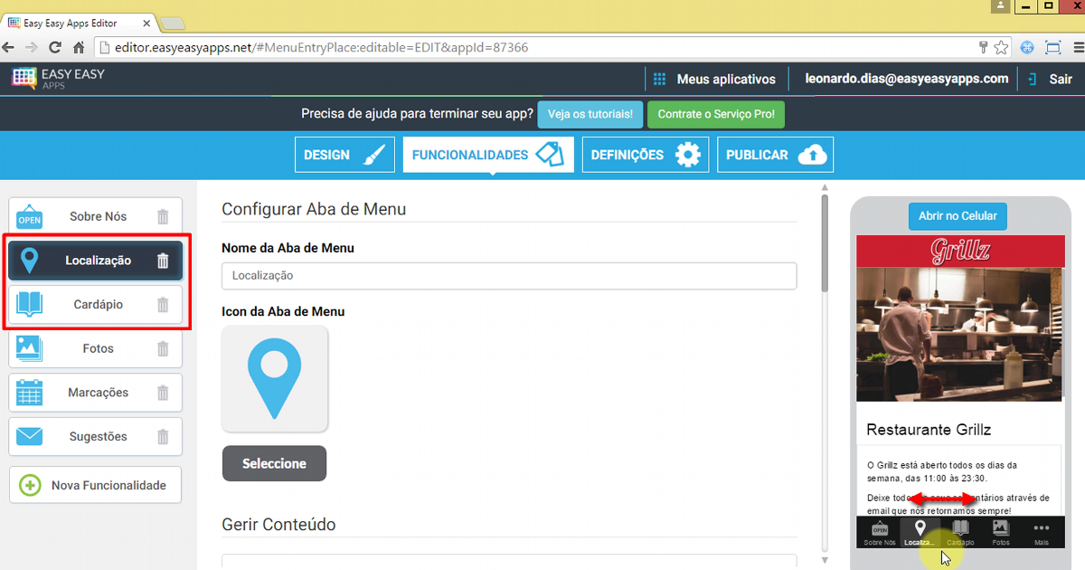 pode ver imediatamente a sua alteração no Celular Virtual.