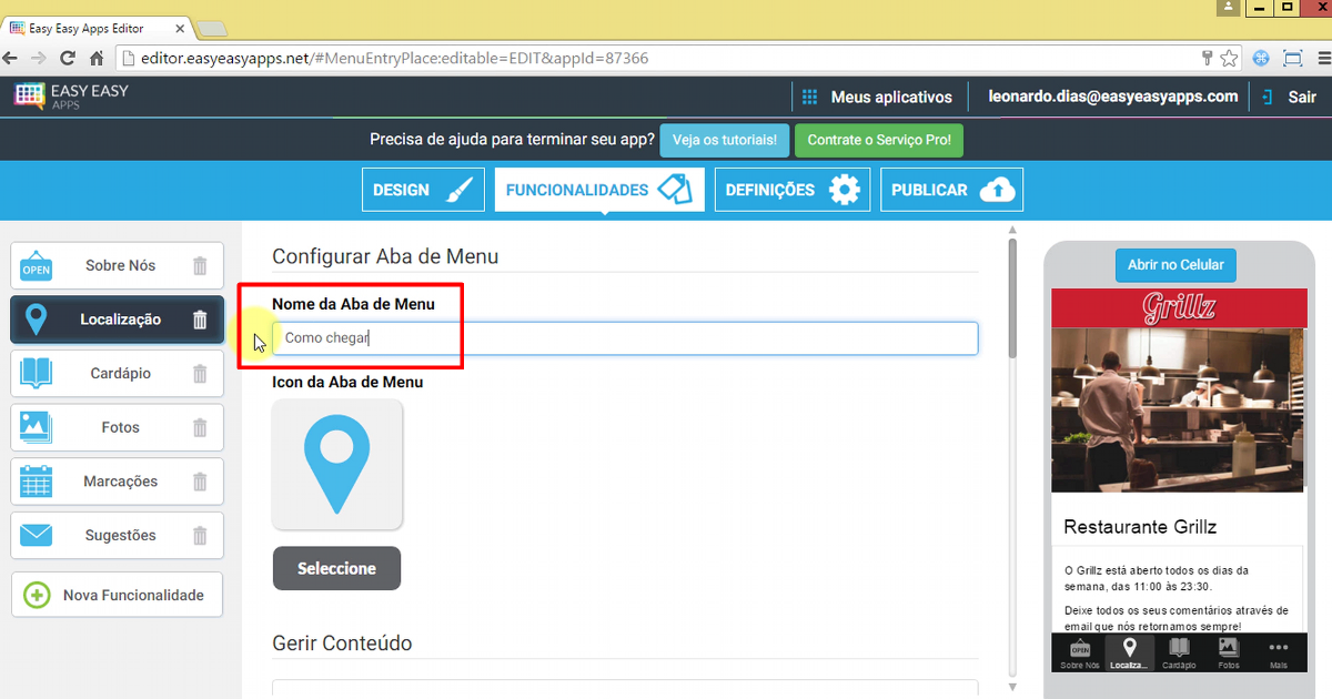 altere o nome da aba de menu na caixa nome da aba de menu