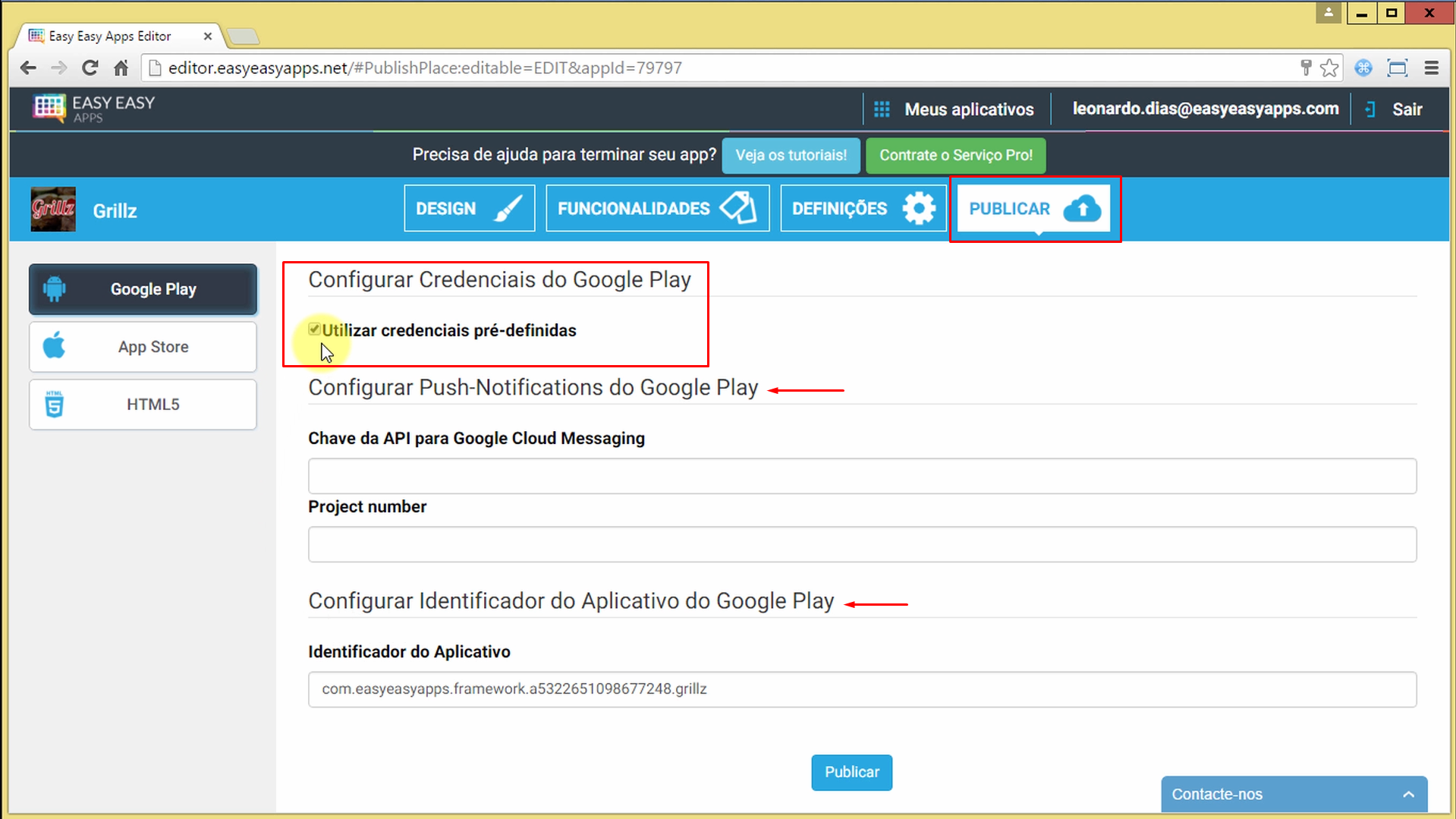 Configurar Credenciais para gerar arquivo APK no editor Easy Easy Apps