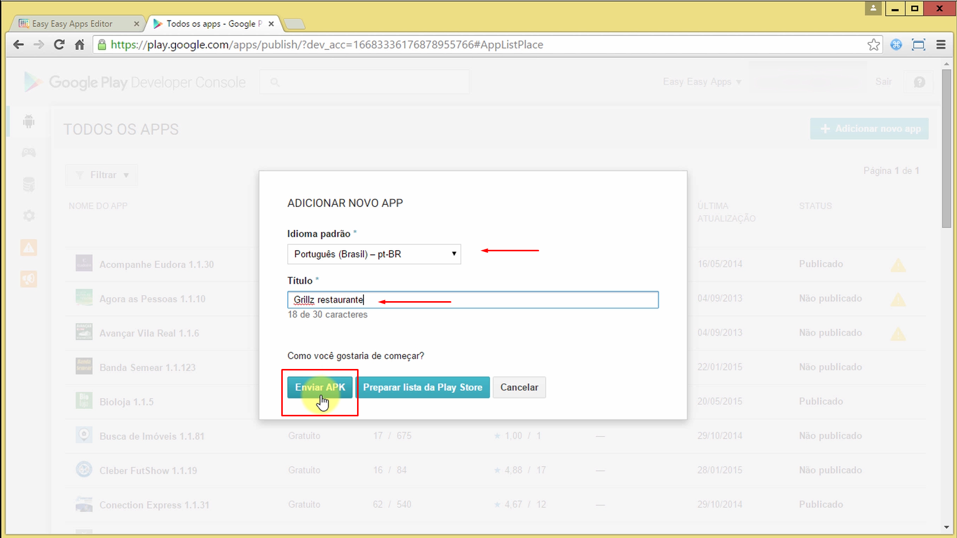 Botão para enviar um novo arquivo APK para o Google Play