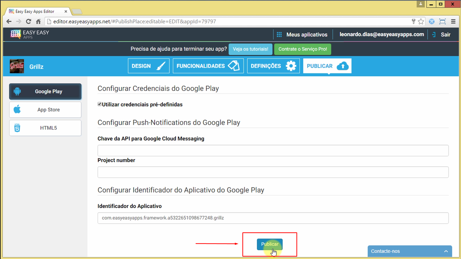 Botão Publicar para Gerar arquivo APK no editor Easy Easy Apps