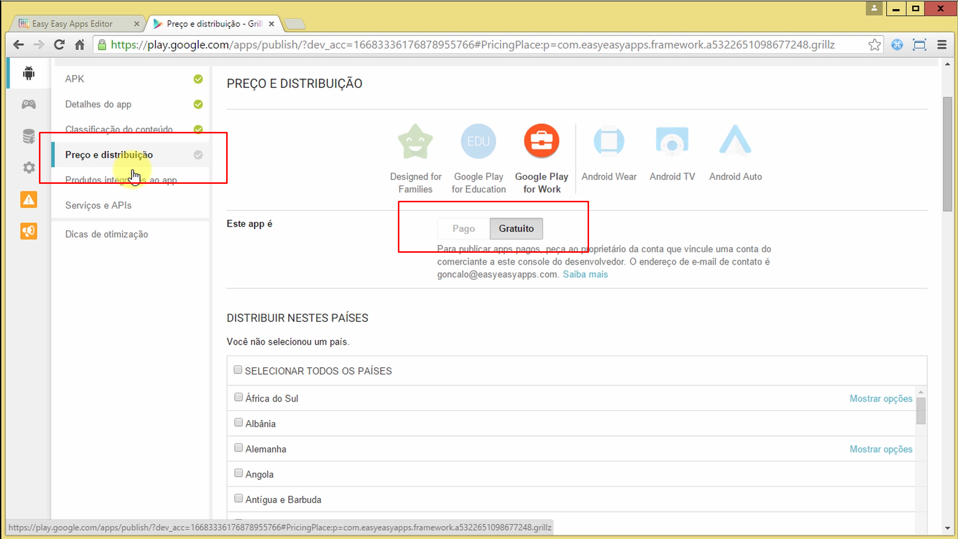 Área para indicar se o Download do aplicativo é gratuito ou pago no Google Play