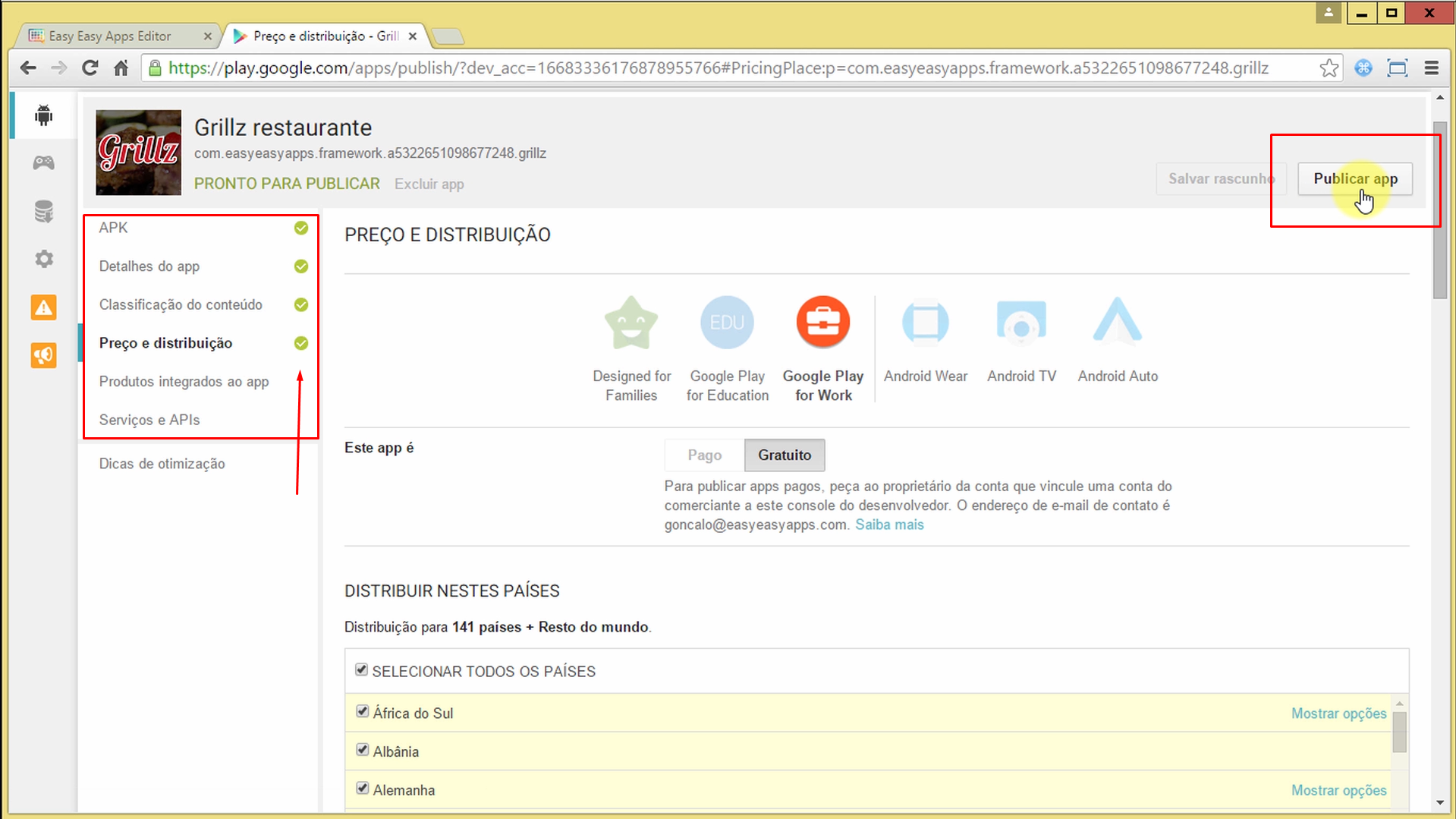 Botão para publicar o aplicativo no Google Play